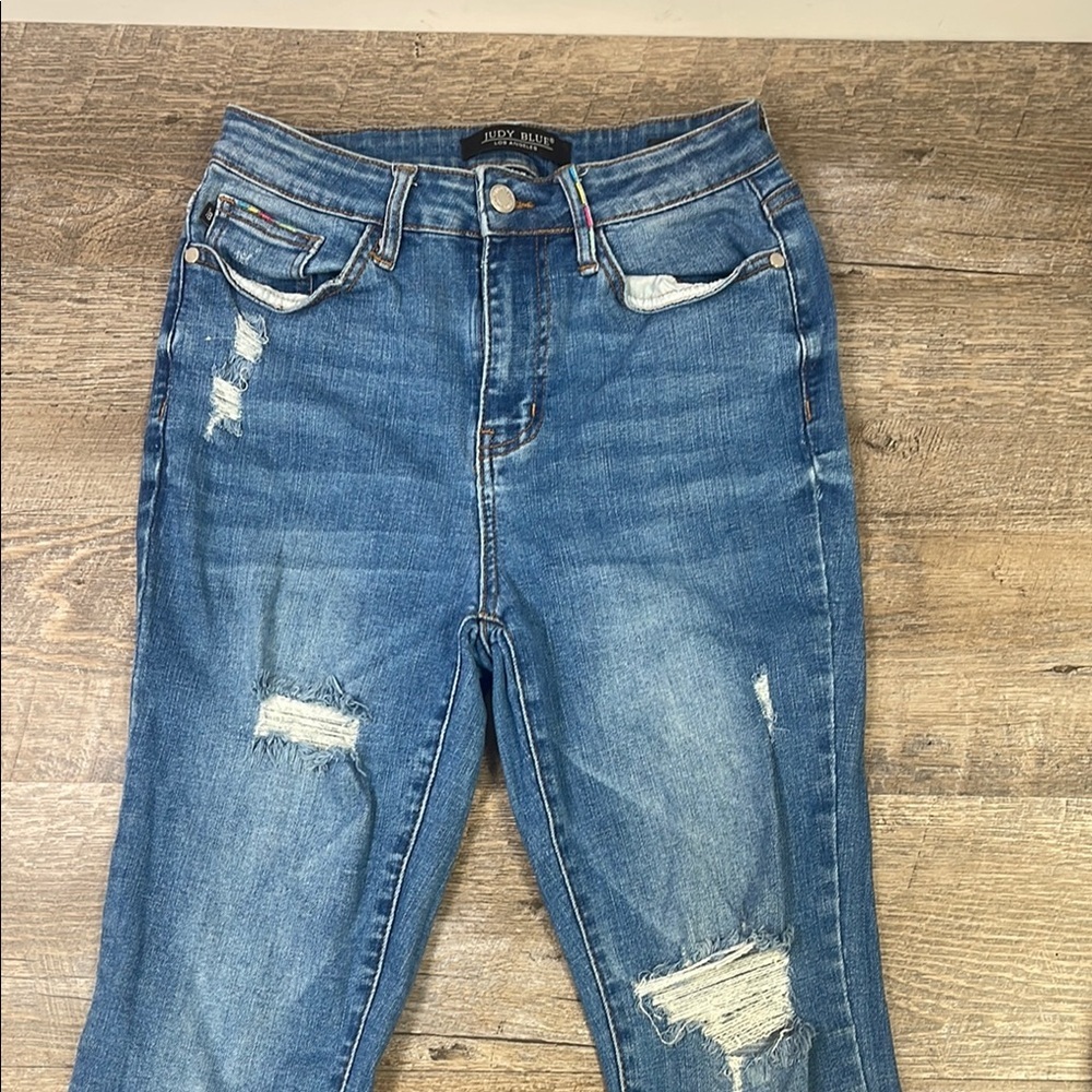Judy Blue Women's Ripped Denim Skinny Jeans Rainbow Embroidery 27
